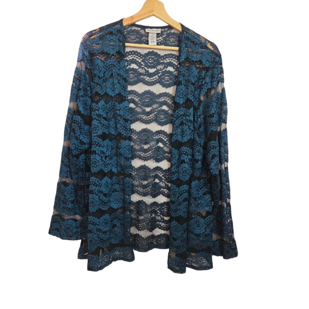 Catherines Teal Floral Lace Open Front Long Sleeve Sheer Cardigan Moody Retro 2X